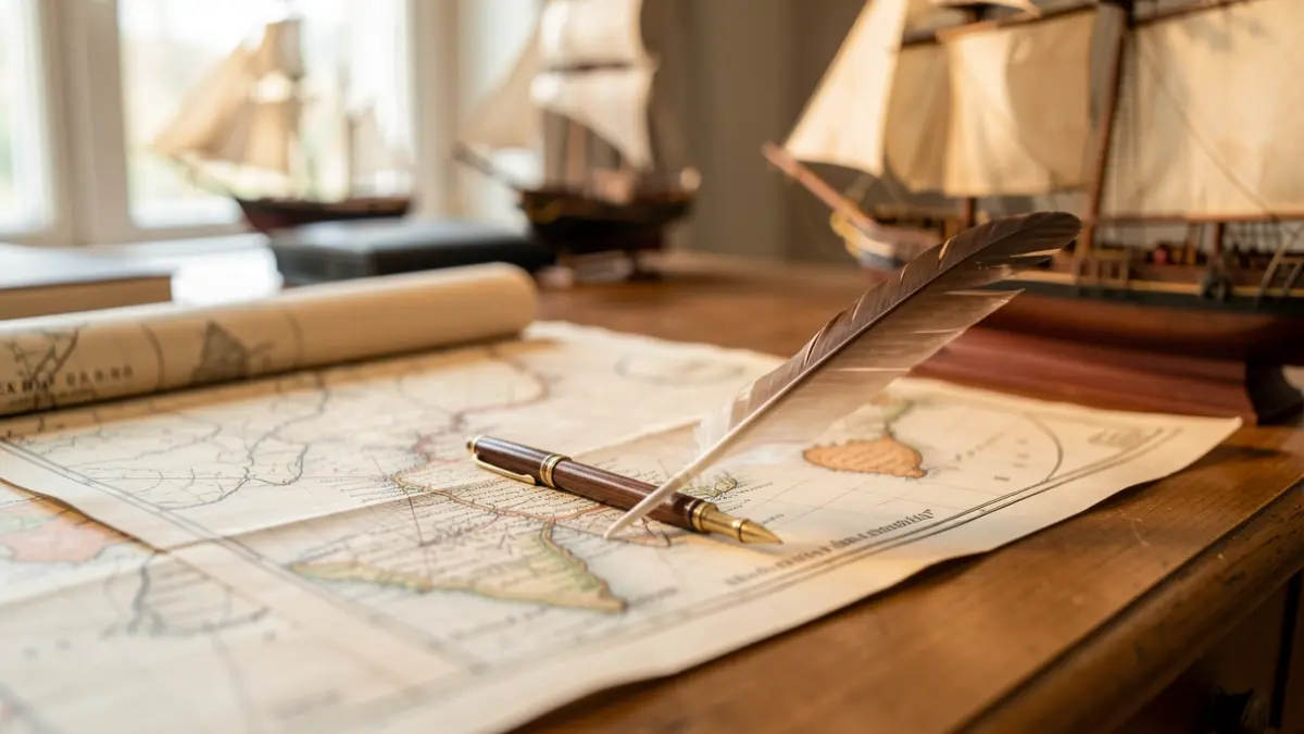 Generic image of an old naval map and a quill pen on a wooden desk, with blurred images of ships in the background.