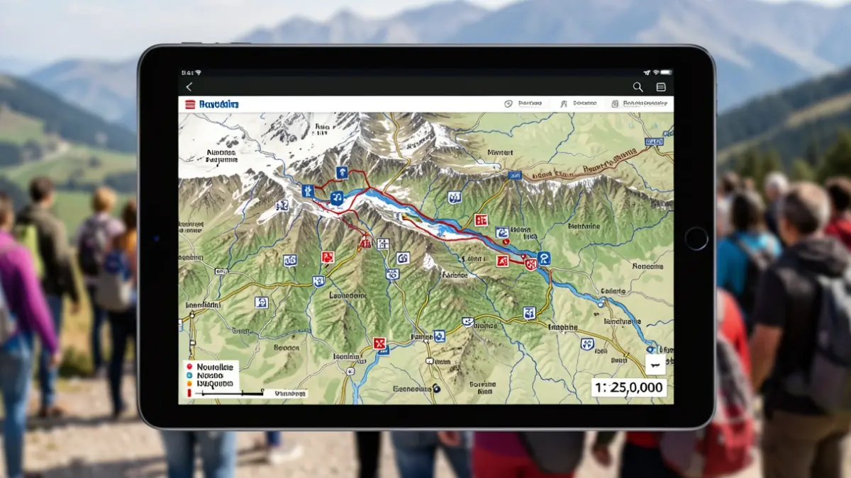 Informative map of natural risks in the Pyrenees mountain range displayed on a digital tablet.