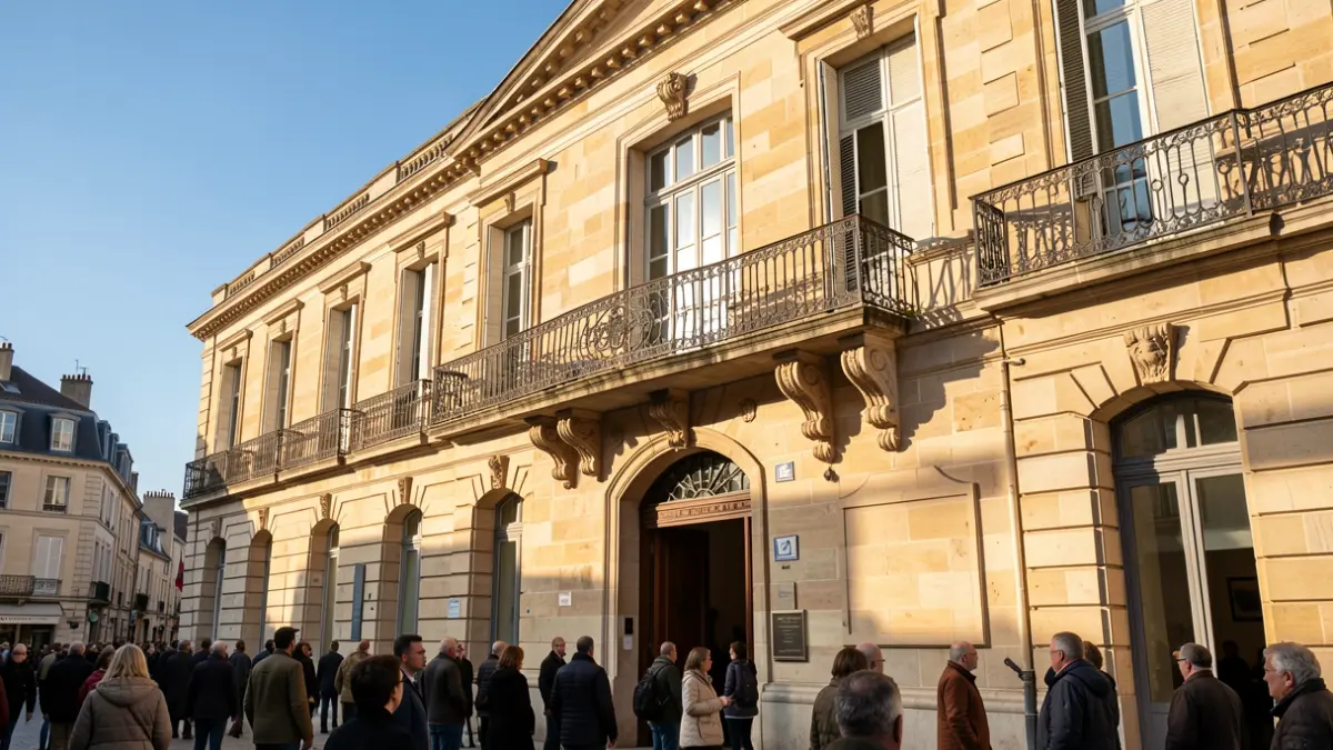 Generic image of a Nouvelle-Aquitaine town hall facade with ornate balcony and iron railings, warm afternoon sunlight on sandstone walls, blue sky.