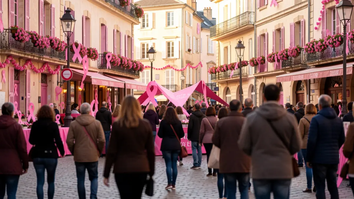 Image générique de la campagne Octobre Rose dans une ville française, avec des décorations roses et des participants solidaires.