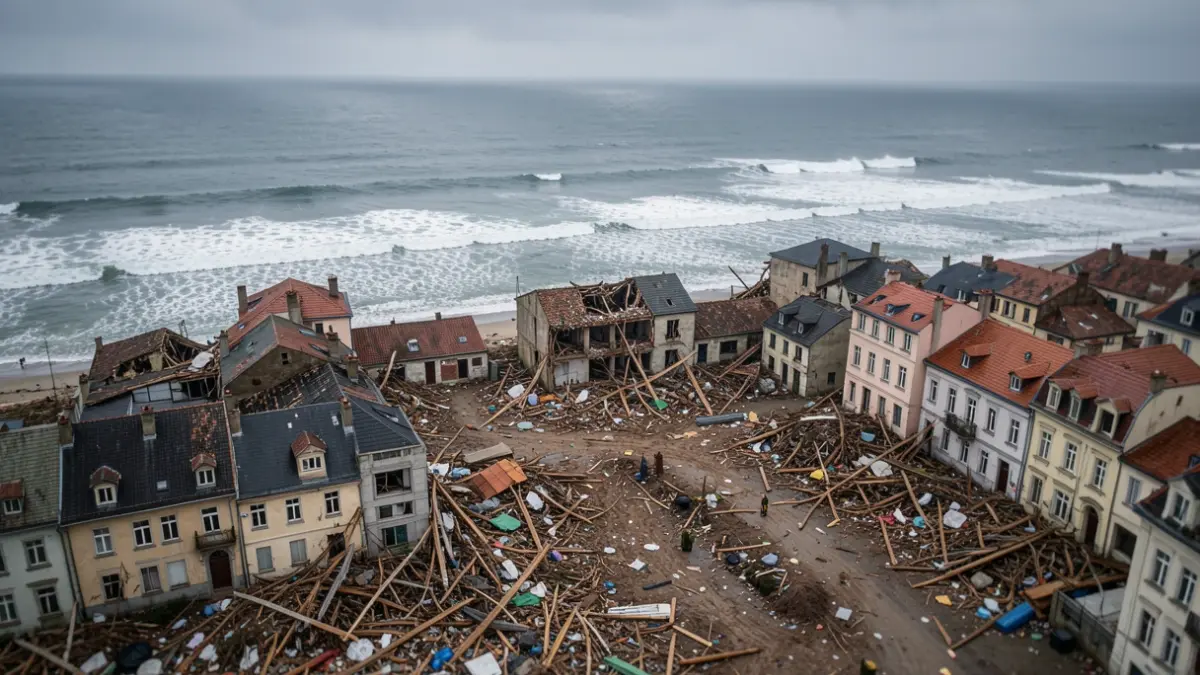 Image générique: avec des débris et des vagues visibles.