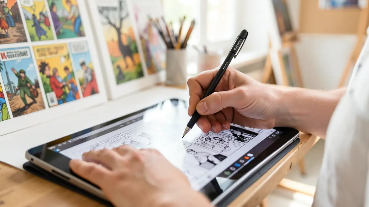 Image générique de mains d'artiste dessinant sur une tablette, avec des planches de bande dessinée en arrière-plan.