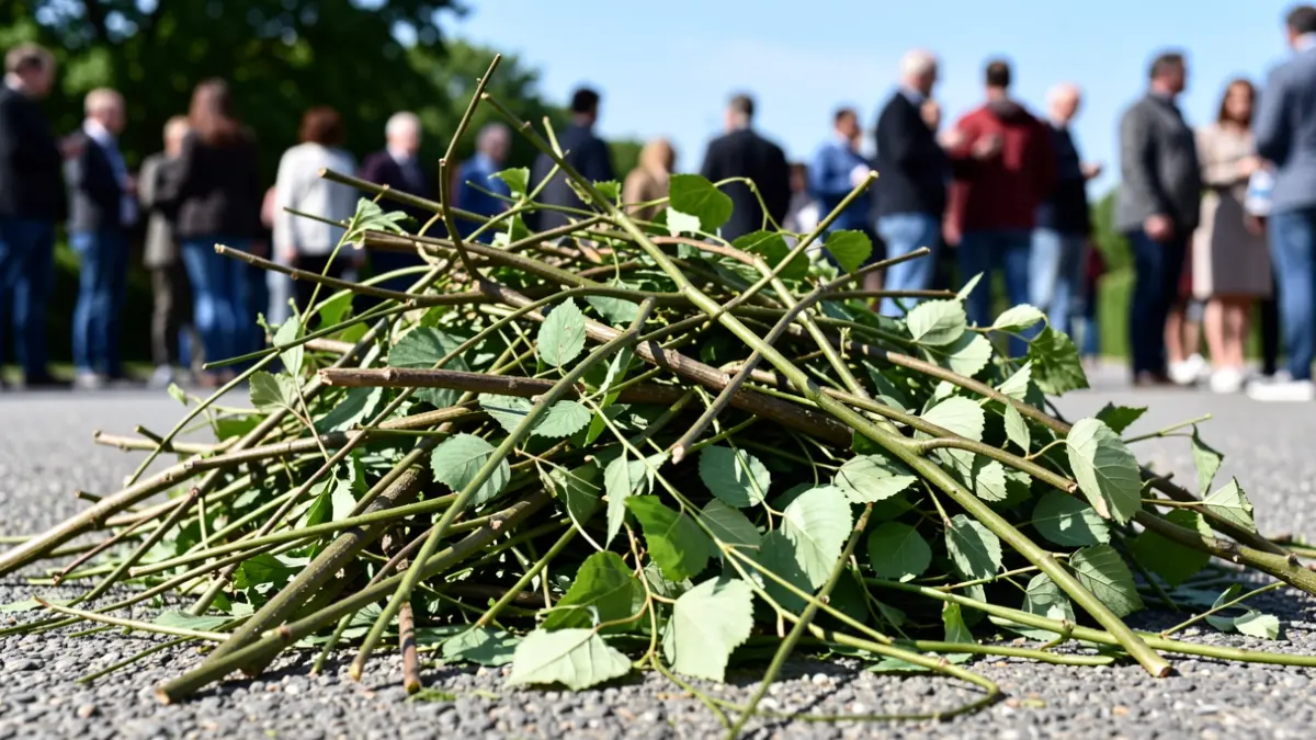 Image générique de branches vertes et de brindilles prêtes à être broyées sur une surface de gravier.