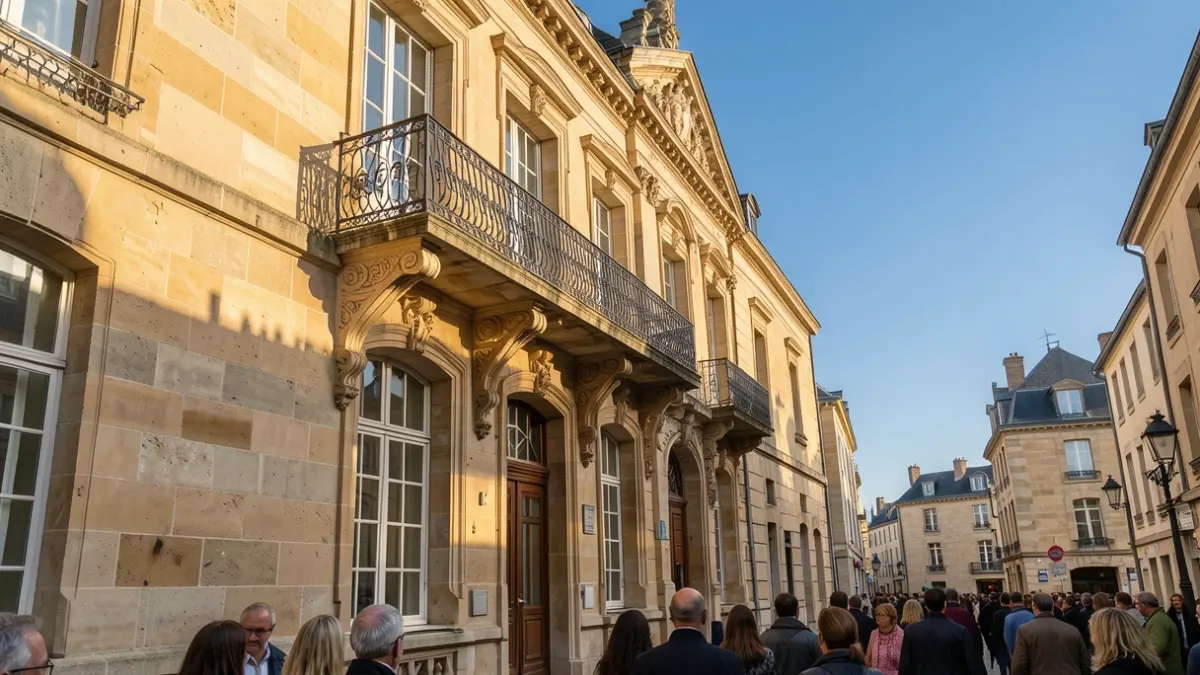Image générique de la façade d'une mairie en pierre de Nouvelle-Aquitaine avec balcon orné et balustrade en fer forgé, soleil d'après-midi chaud projetant des ombres sur les murs en grès, ciel bleu.