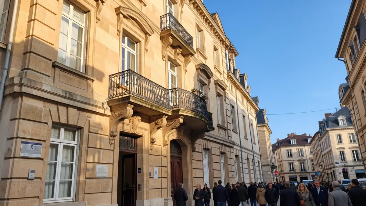 Generic image of the facade of an official building with an ornate balcony, under an afternoon sun.