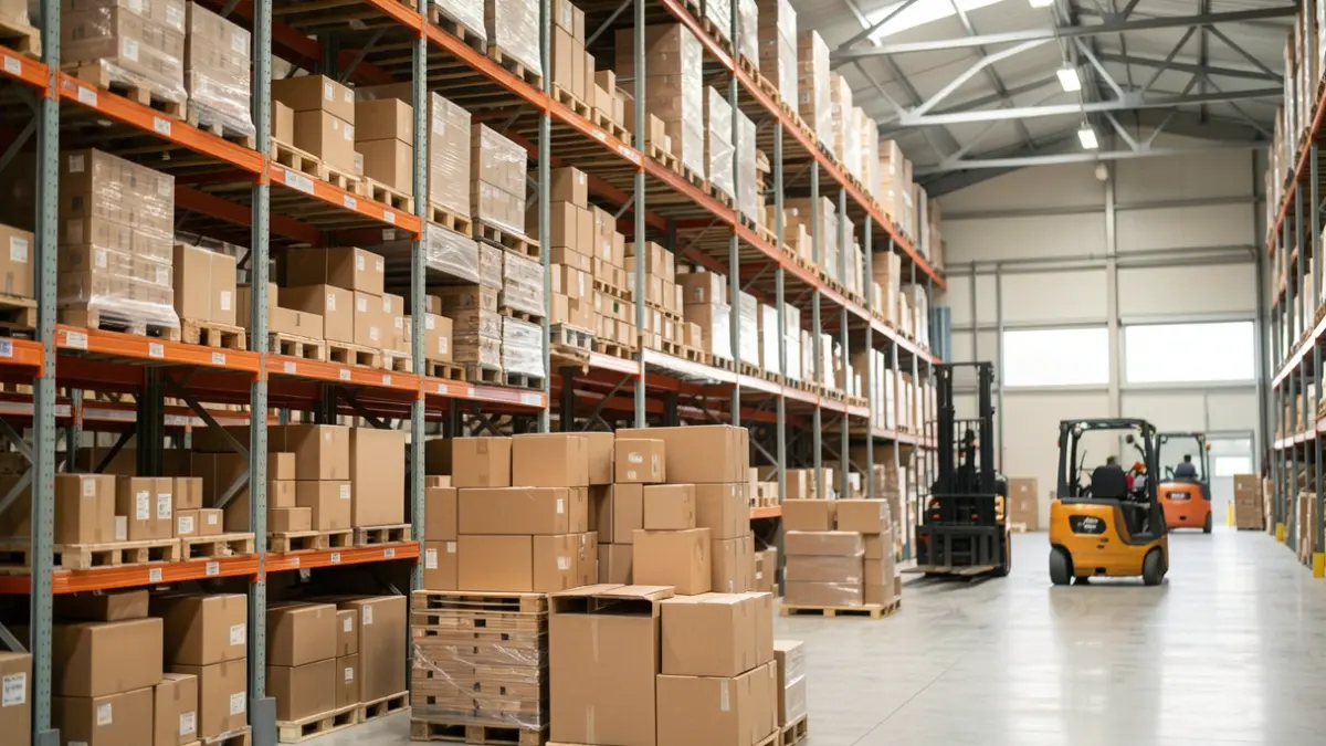 Generic image of an industrial warehouse with shelves and forklifts.
