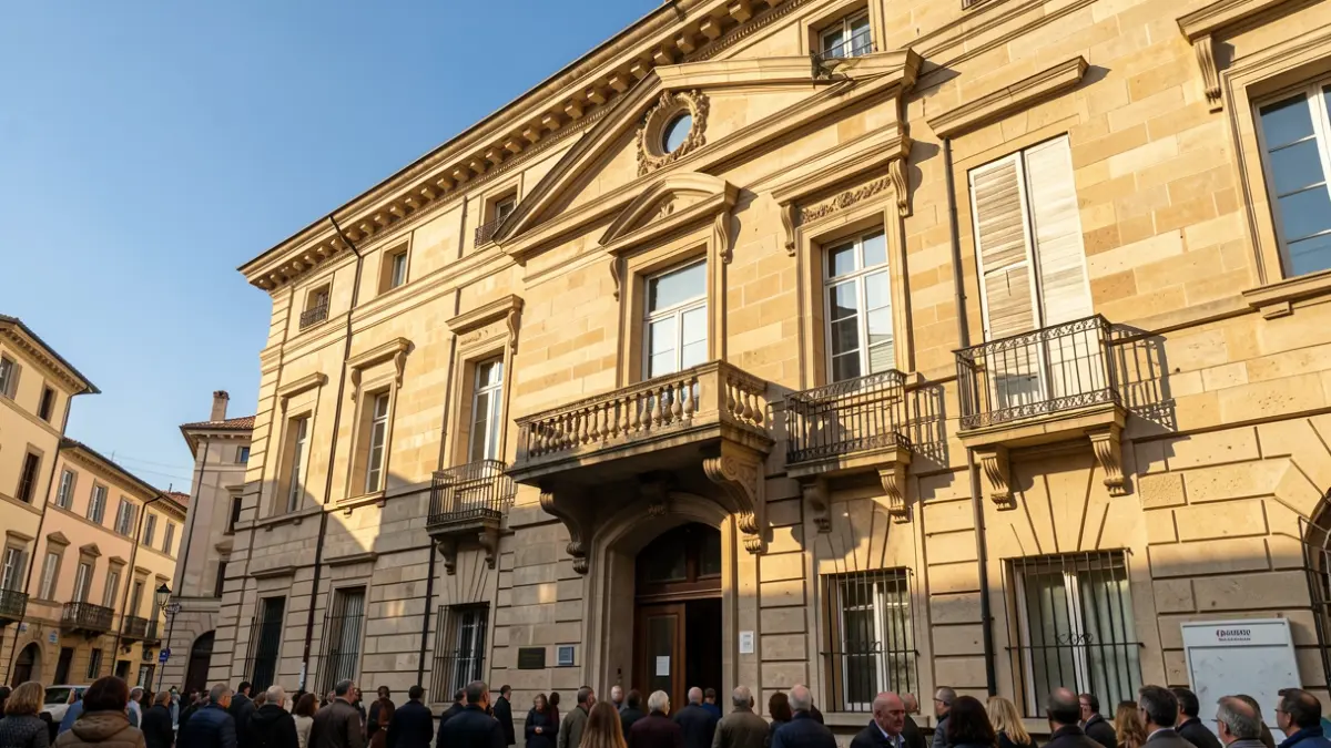 Generic image of a town hall facade with an ornate balcony and iron railings, under warm afternoon sunlight.