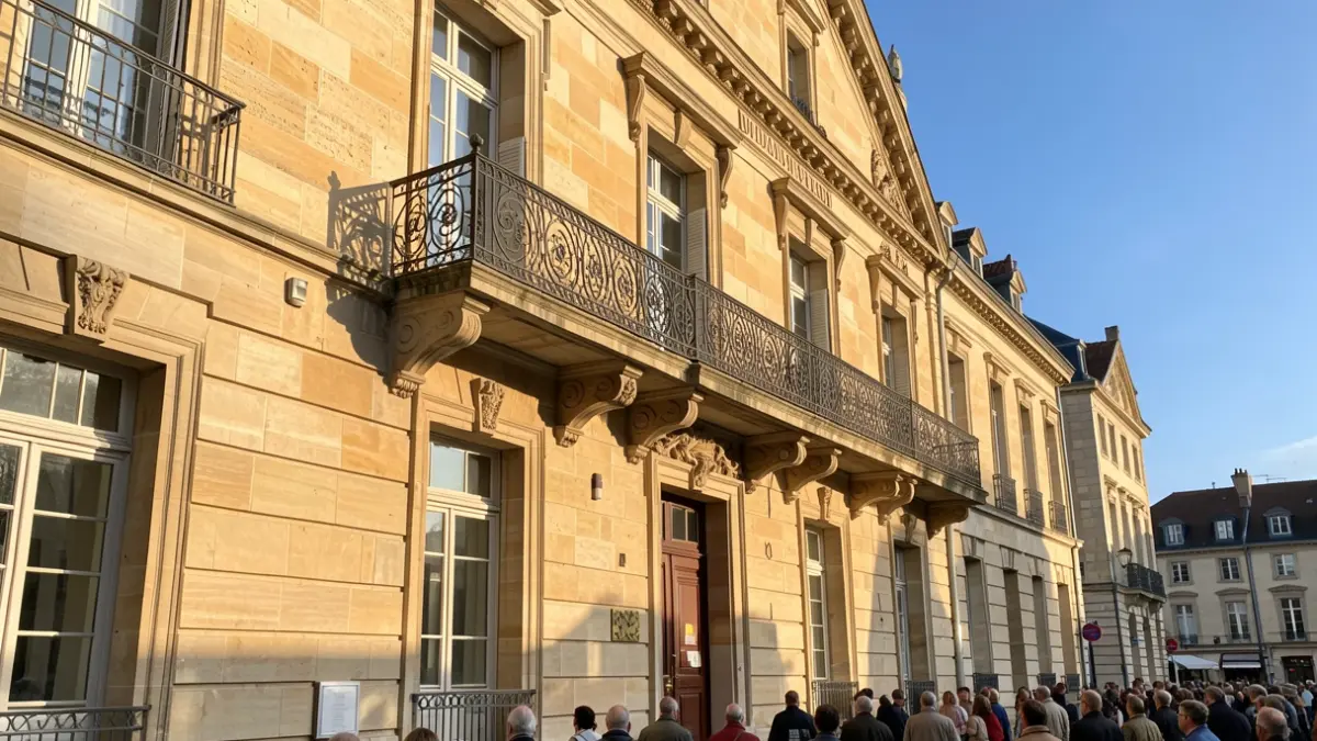 Façade en pierre d'un hôtel de ville de Nouvelle-Aquitaine avec balcon orné et balustrade en fer forgé, sous le soleil d'après-midi.
