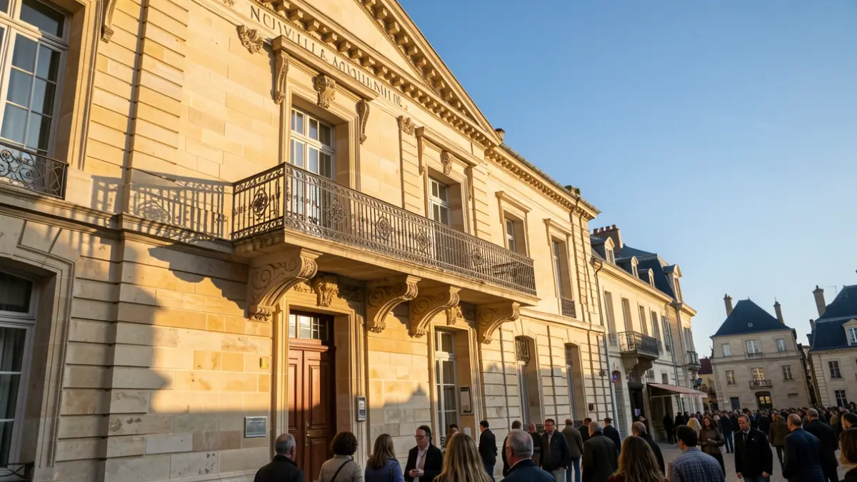 Generic image of a stone town hall facade in the Nouvelle-Aquitaine style, featuring an ornate balcony and iron railings, illuminated by afternoon sunlight.