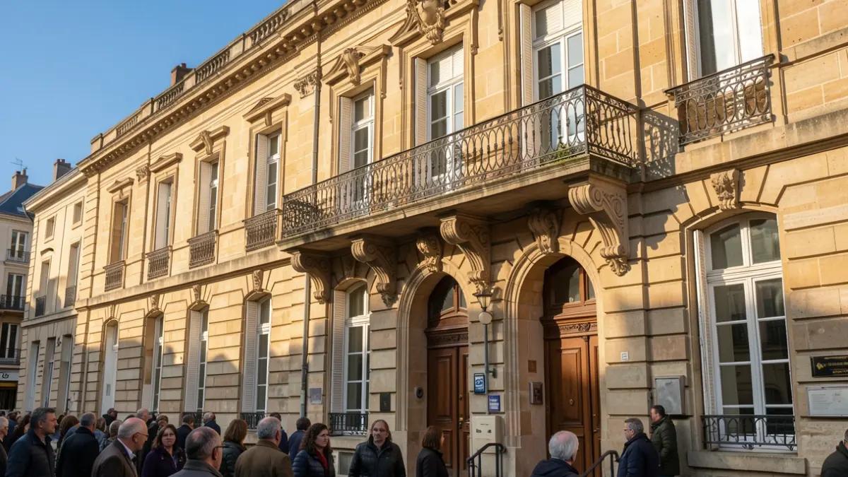 Generic image of a Nouvelle-Aquitaine town hall facade with an ornate balcony and iron railings, warm afternoon light.
