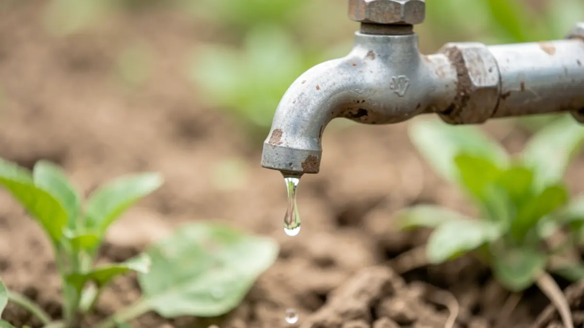 Generic image of a water tap with a falling drop, on a dry earth background.