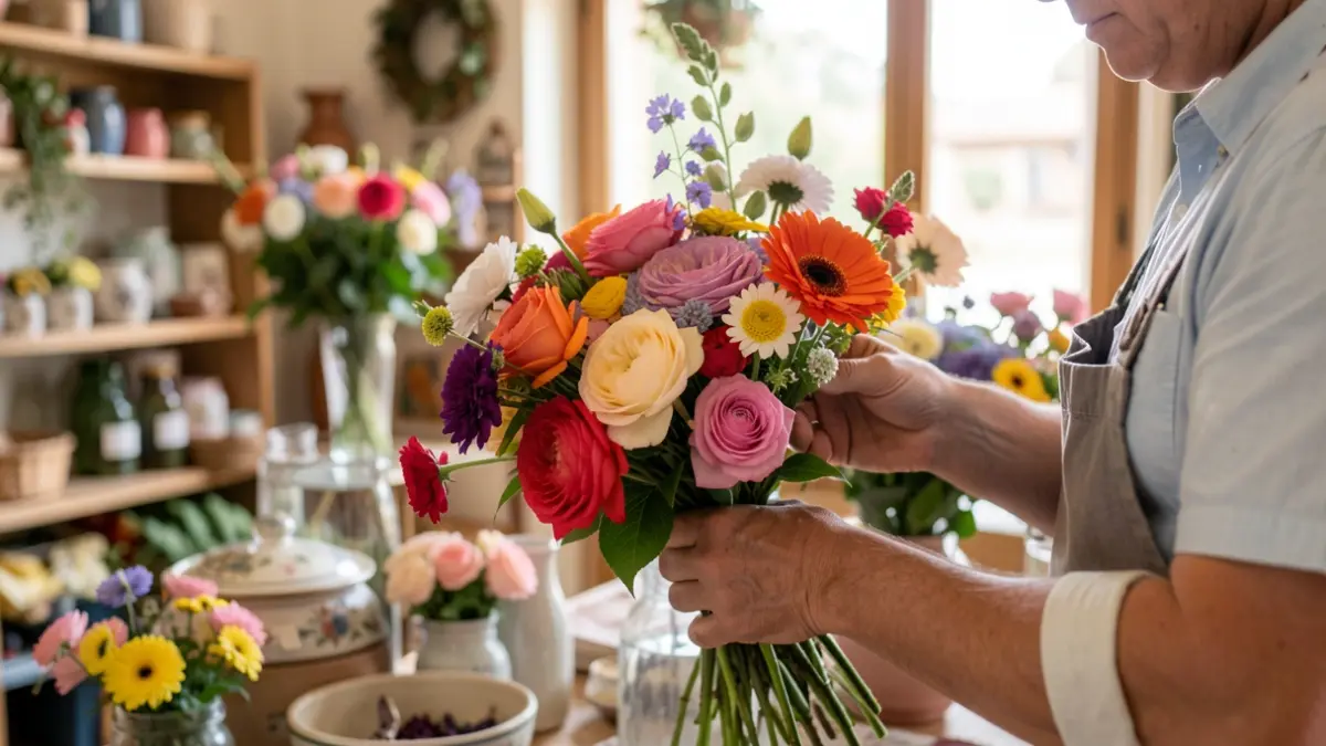 Mains d'une fleuriste composant un bouquet dans une boutique d'artisanat en Nouvelle-Aquitaine.