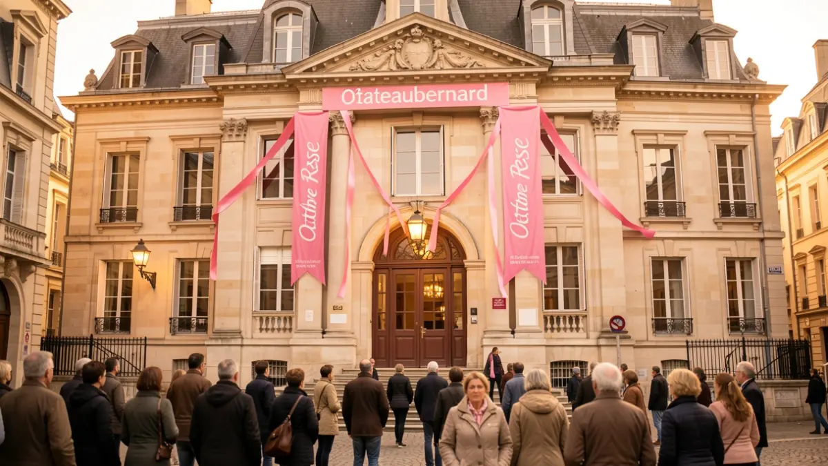 Façade de la mairie de Châteaubernard décorée pour Octobre Rose.