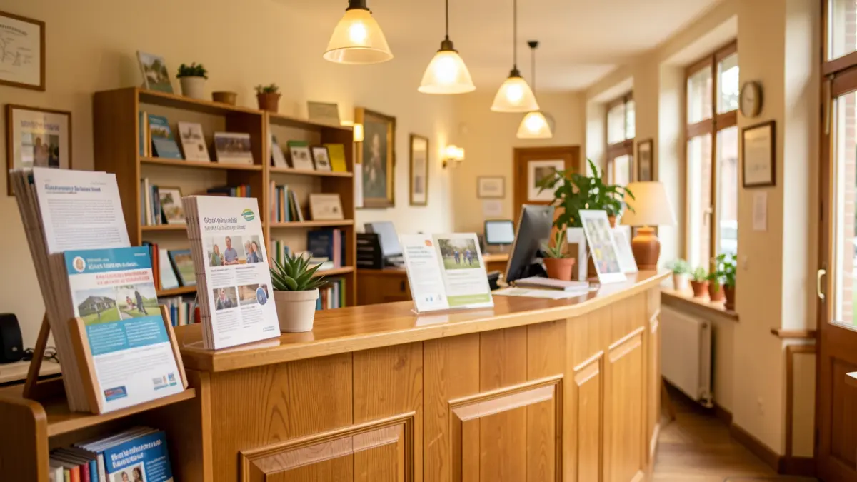 Image générique d'un centre d'action sociale communautaire avec un bureau d'accueil et des brochures, éclairage intérieur chaleureux, représentant l'aide et le soutien social.