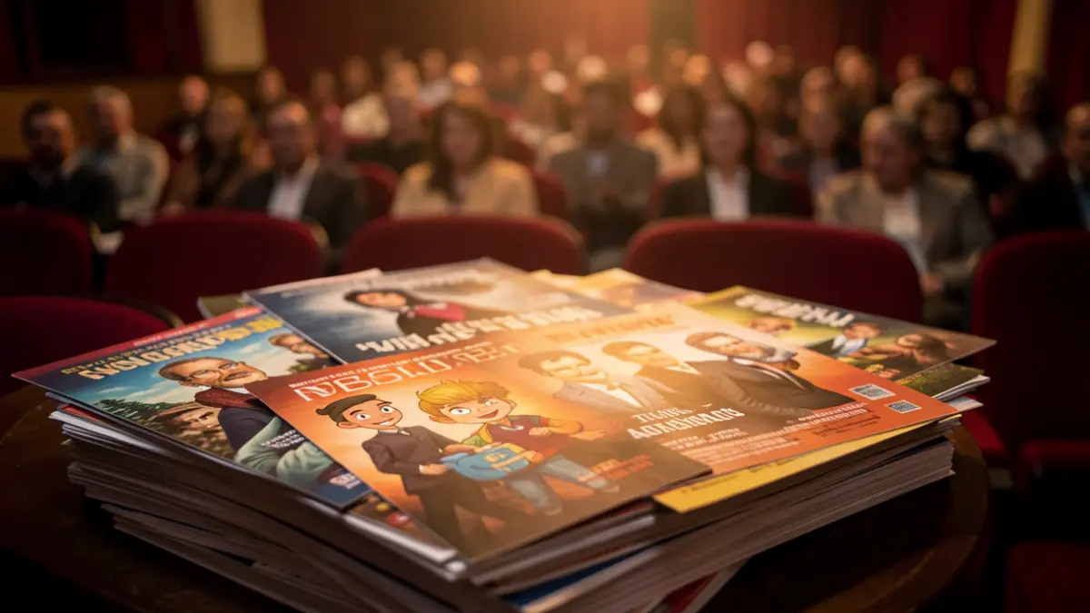 Image générique d'une bobine de film illuminant une pile d'affiches de films variés, certains d'animation et d'autres documentaires, sur fond de salle de cinéma.