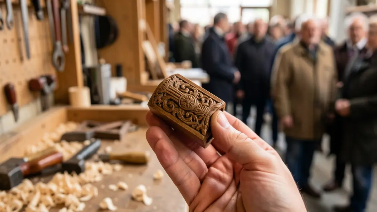 Close-up of a hand holding a carved wooden object, artisan workshop in the background.
