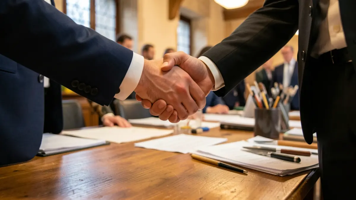 Poignée de main entre deux artisans devant un bureau avec des outils et des documents.