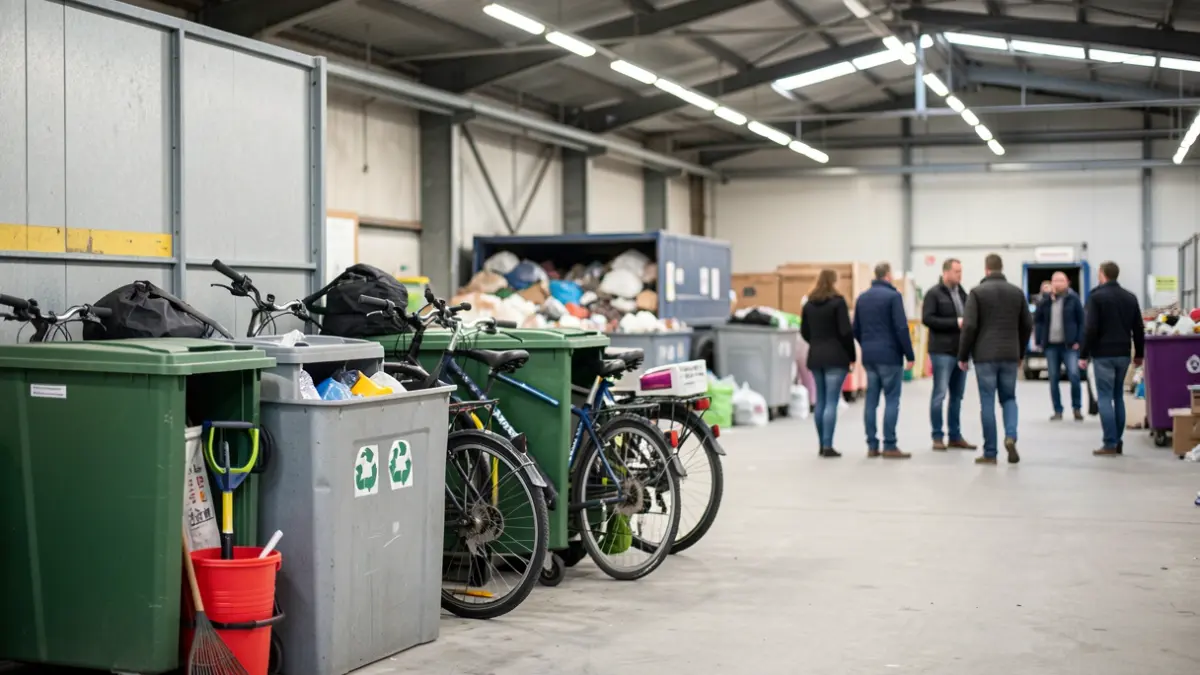 Image générique d'un centre de recyclage avec des bennes spécifiques pour les articles de sport et de loisirs.