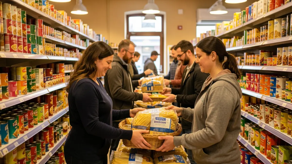 Image générique de bénévoles triant des dons alimentaires dans un supermarché.