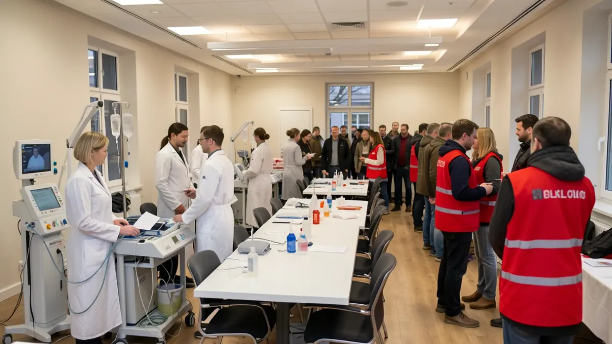 Image générique d'une salle de réunion aménagée pour une collecte de sang, avec du matériel médical et du personnel.