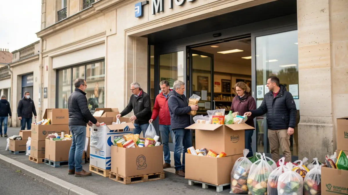 Image générique de bénévoles collectant des dons alimentaires devant un supermarché.