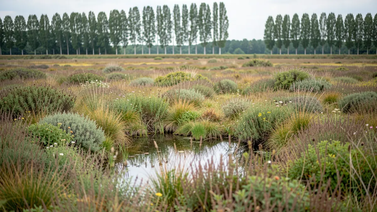 Image générique de zones humides restaurées avec une végétation diversifiée et un plan d'eau.