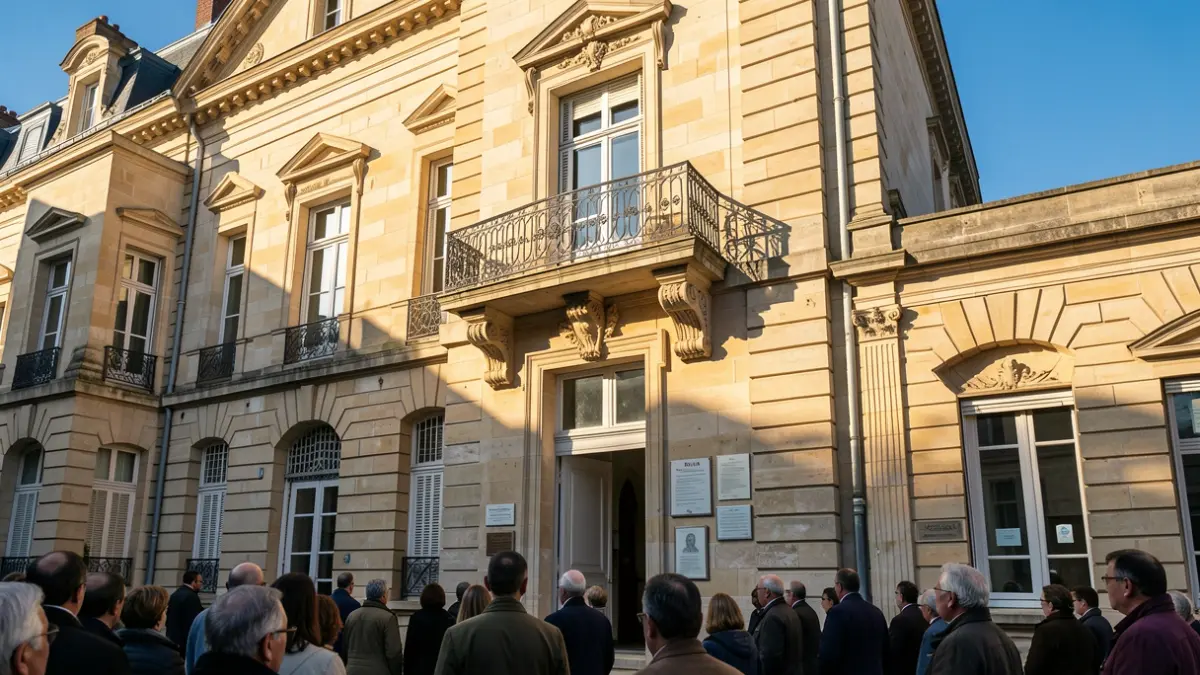 Image générique de la façade d'une mairie en pierre de Nouvelle-Aquitaine, avec balcon et balustrade en fer forgé, éclairée par le soleil d'après-midi.
