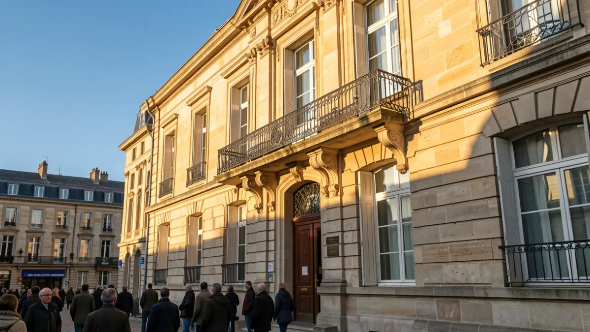 Generic image of a Nouvelle-Aquitaine stone town hall facade with an ornate balcony and iron railings, warm afternoon light.