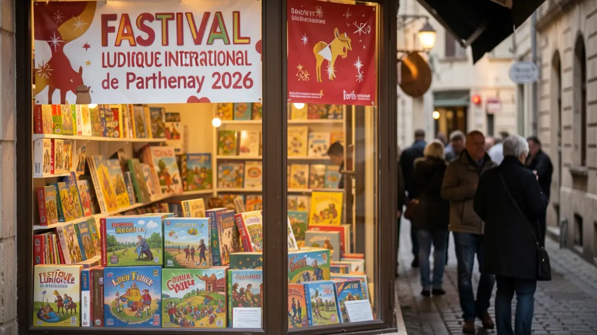 Shop window decorated for the International Board Game Festival of Parthenay 2026.