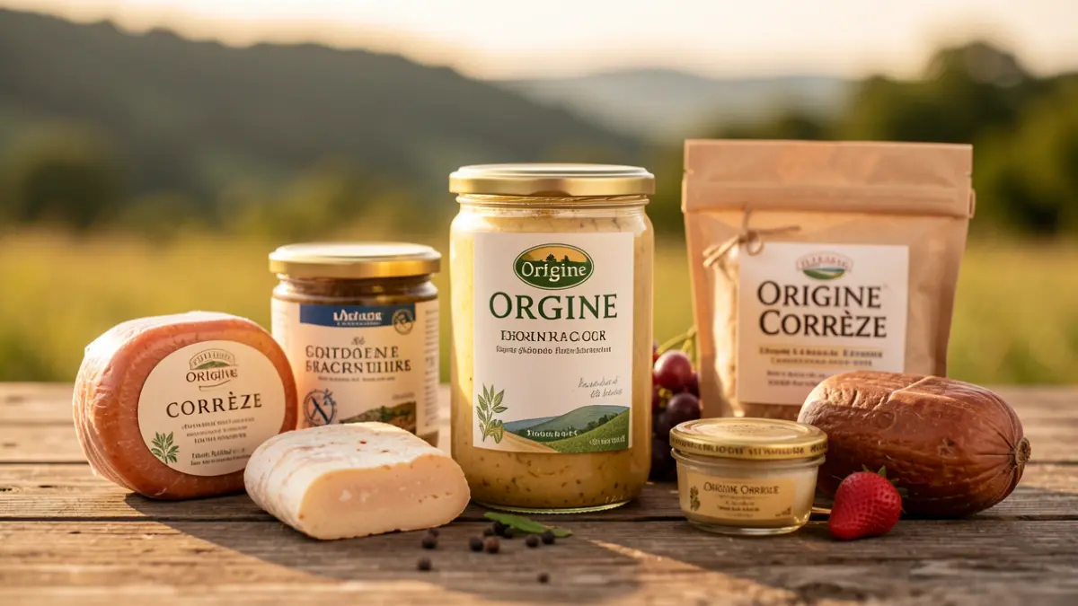 Sélection de produits régionaux 'Origine Corrèze' disposés sur une surface en bois rustique.