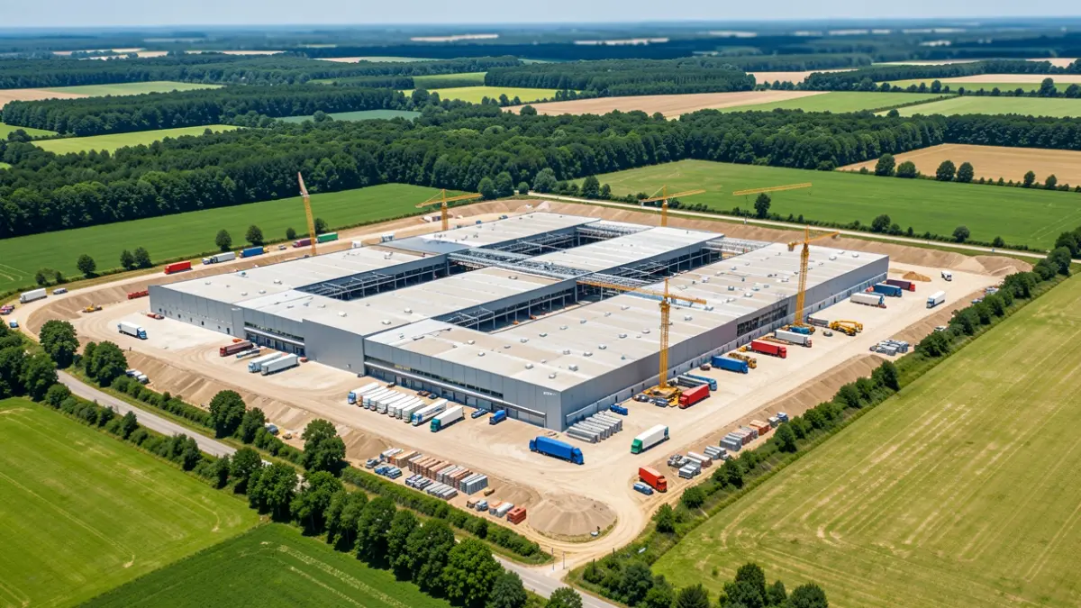 Aerial view of a logistics platform under construction in Nouvelle-Aquitaine.