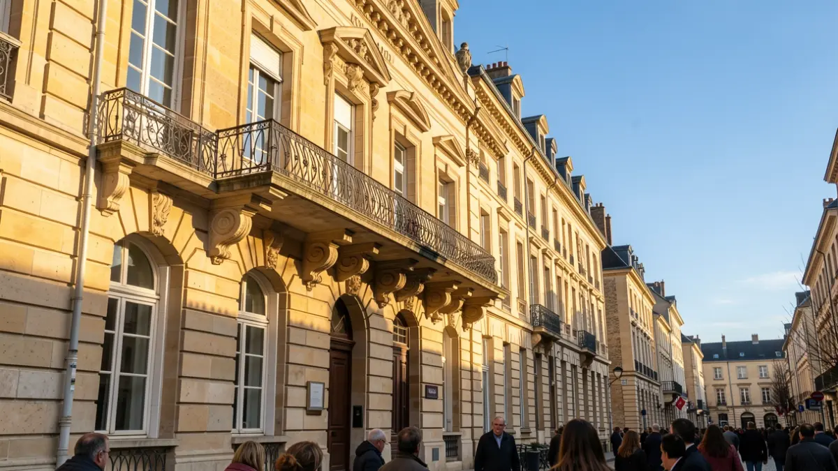 Stone facade of a Nouvelle-Aquitaine town hall with ornate balcony and iron railings, warm afternoon sunlight casting shadows on the sandstone walls, blue sky.