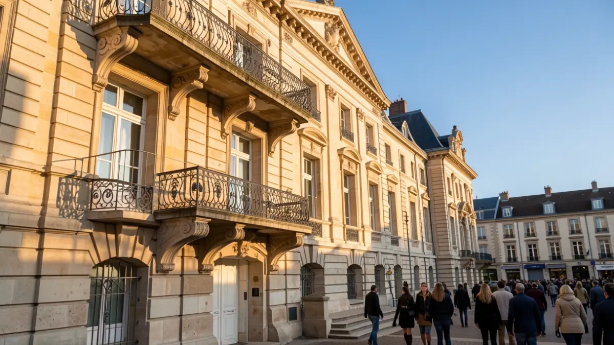 Generic image of a Nouvelle-Aquitaine town hall stone facade with ornate balcony and iron railings, warm afternoon sunlight casting shadows on the sandstone walls, blue sky.