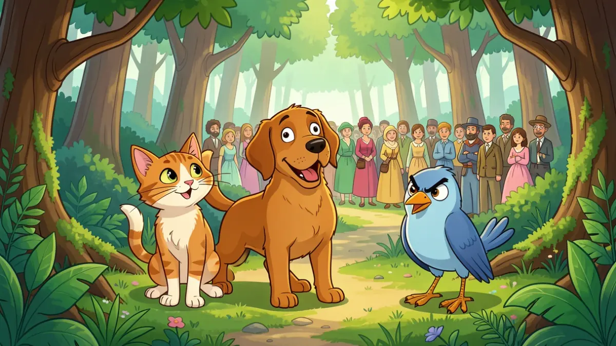 Generic image of a children's animation showing a cat, a dog, and a bird in a forest.
