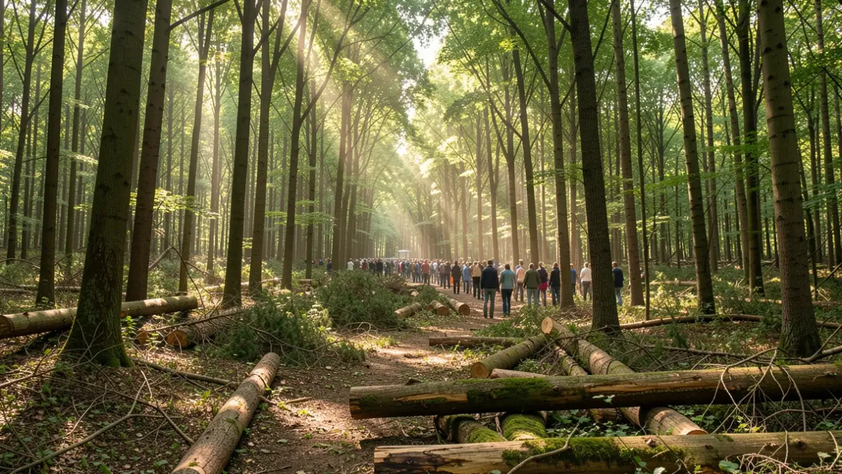 Image générique de travaux forestiers dans un bois, avec des arbres coupés et des chemins.