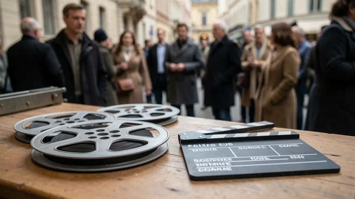 Image générique de bobines de film et d'une claquette sur une table en bois.