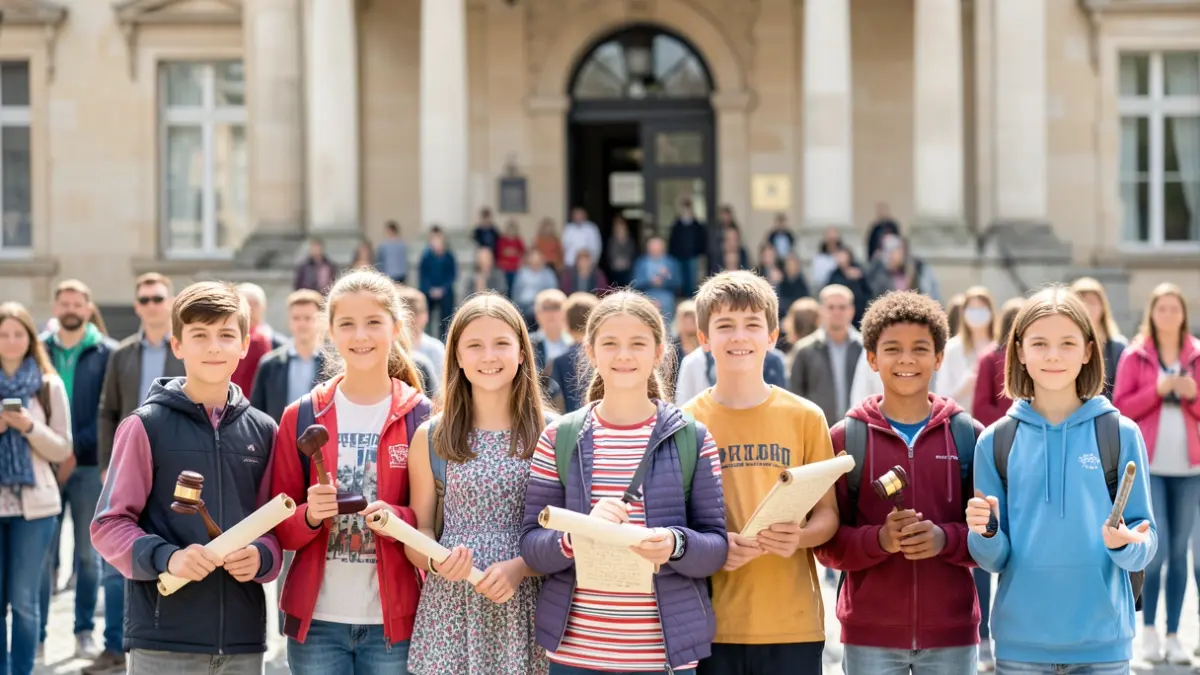 Image générique de jeunes élus municipaux devant un bâtiment officiel.