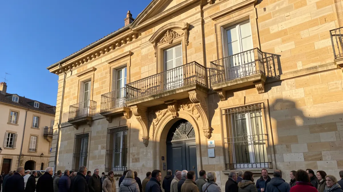 Image générique de la façade d'un hôtel de ville en Nouvelle-Aquitaine, avec un balcon orné et des barreaux en fer. Lumière chaude de l'après-midi.