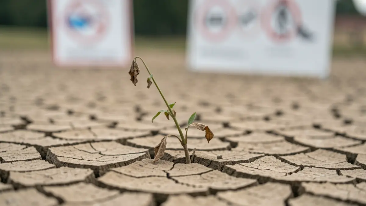 Generic image of cracked earth representing drought with a wilting plant.
