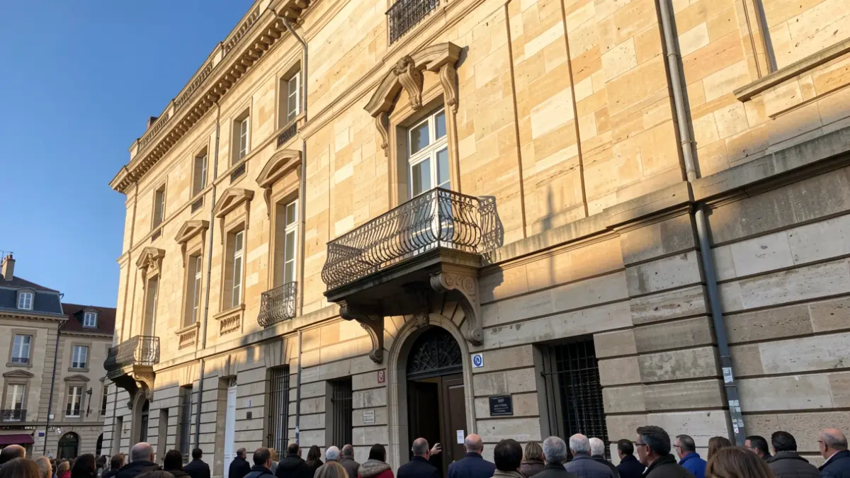 Image générique de la façade d'une mairie en pierre avec balcon et balustrade en fer forgé, sous un soleil d'après-midi.