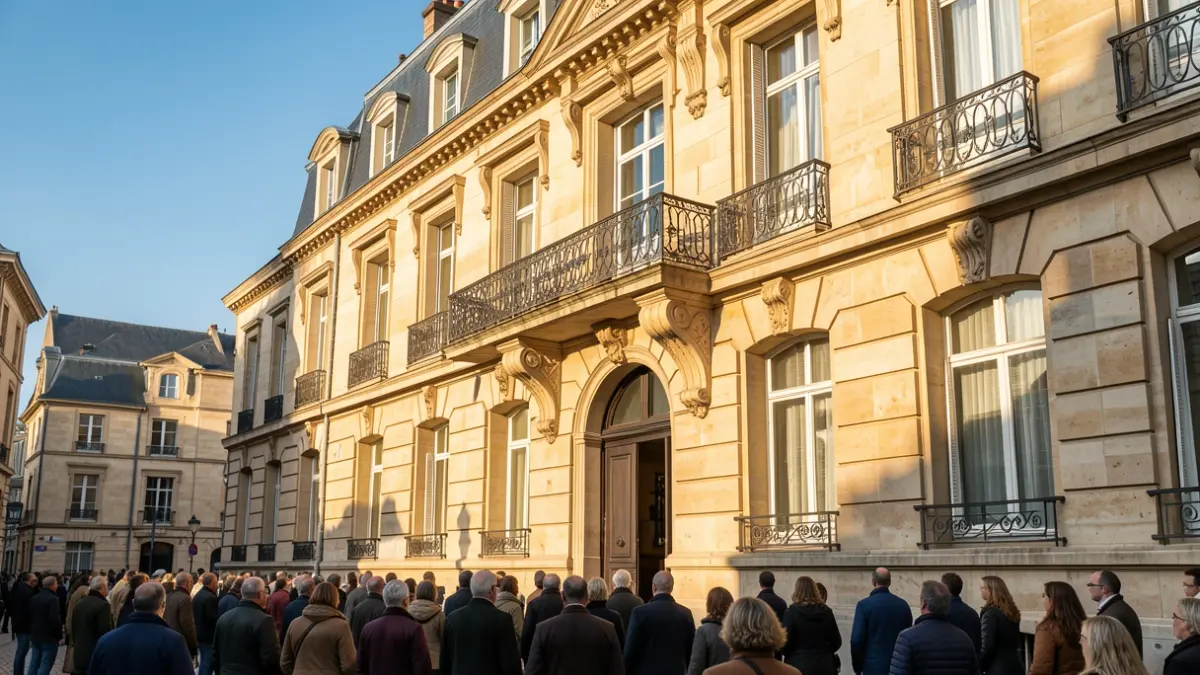 Image générique d'une façade de mairie en pierre avec balcon orné et balustrade en fer forgé, baignée par la lumière chaude du soleil d'après-midi.