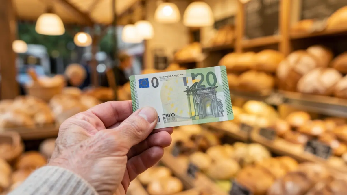 Image générique d'une main de personne âgée tenant un bon d'achat de 20 euros, avec un arrière-plan flou d'une boulangerie ou d'un marché local français. Éclairage chaud et invitant.