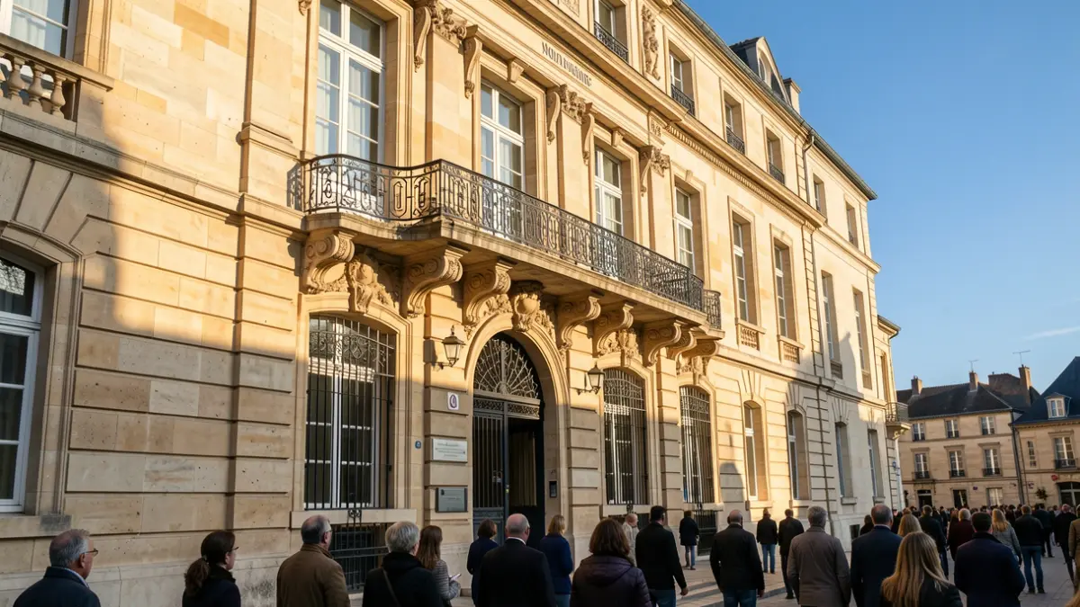 Generic image of a Nouvelle-Aquitaine town hall facade with an ornate balcony and iron railings, warm afternoon sun casting shadows on sandstone walls, blue sky.