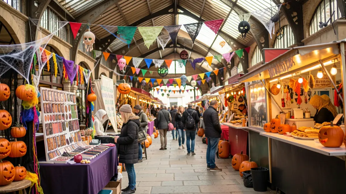 Image générique d'une kermesse d'Halloween sous des halles, avec des stands de maquillage et de nourriture, dans une ambiance festive.