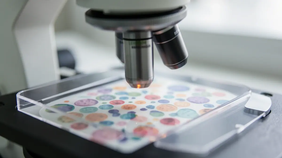 Gros plan d'un objectif de microscope focalisant sur une lame avec des motifs cellulaires abstraits, éclairage doux de laboratoire, faible profondeur de champ, représentant la recherche scientifique sur les addictions.