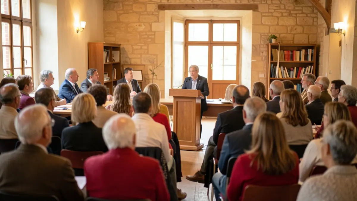 Generic image of a public information meeting in a community hall in Nouvelle-Aquitaine, with a speaker at a podium.