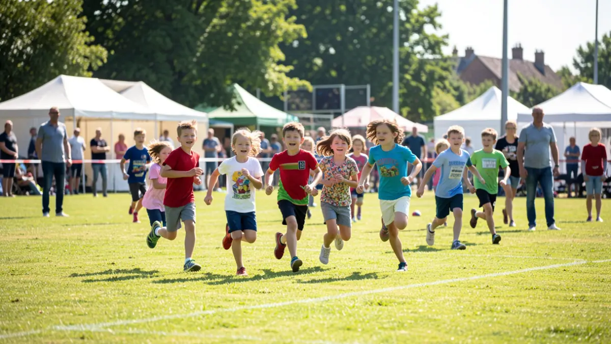 Generic image of children running in a stadium on a sunny day, with adults and tents in the background.