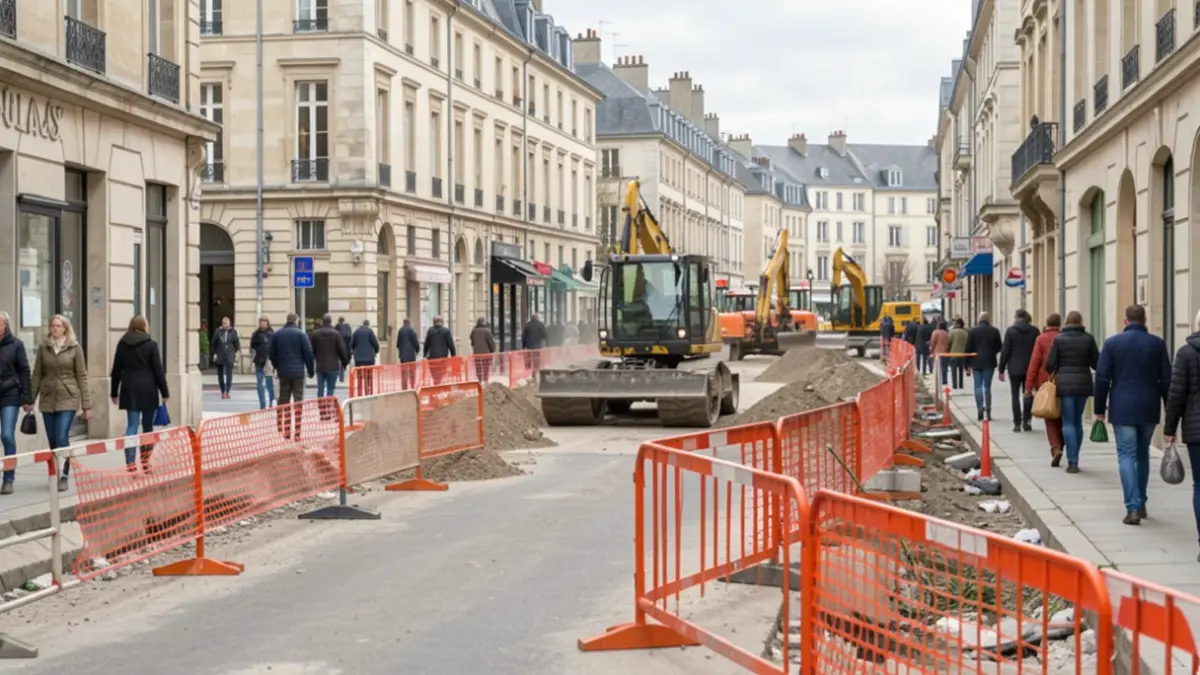 Generic image of roadworks in progress on a town street, with safety barriers and construction equipment.