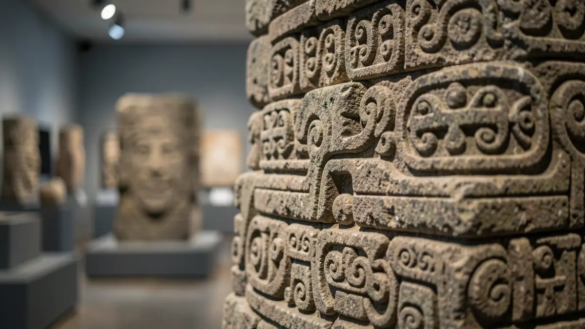 Image générique de détails architecturaux et de sculptures mayas dans une salle d'exposition.