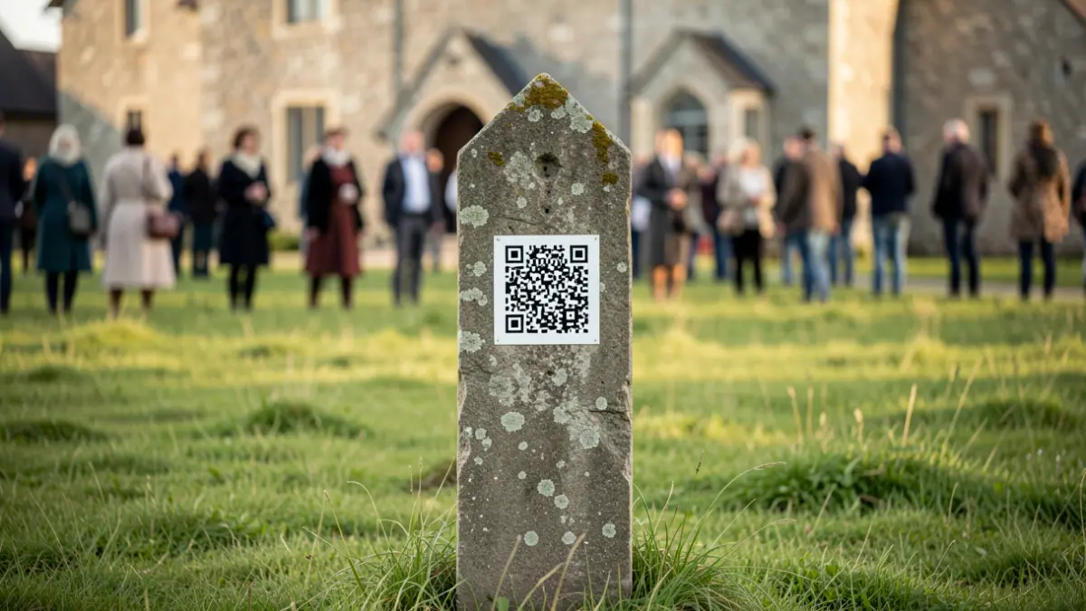 Generic image of a heritage totem with a QR code in a rural landscape.